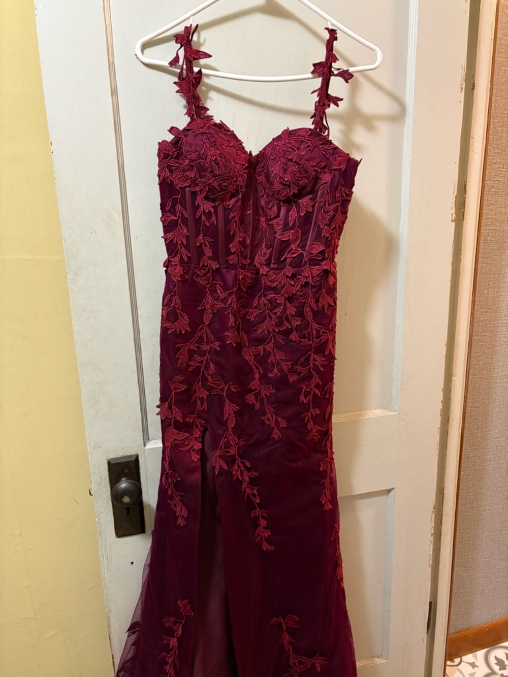 Amazon Burgundy Floral Appliqué Prom Dress
